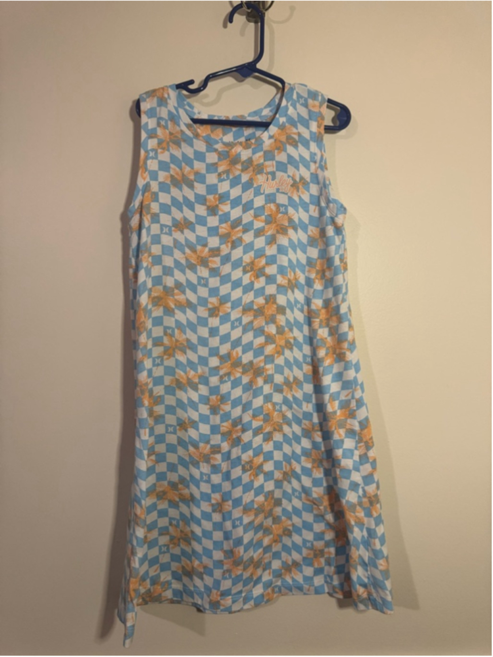 Girls Hurley Casual Dress Size 10/12 Blue Orange Checkered Palm Print